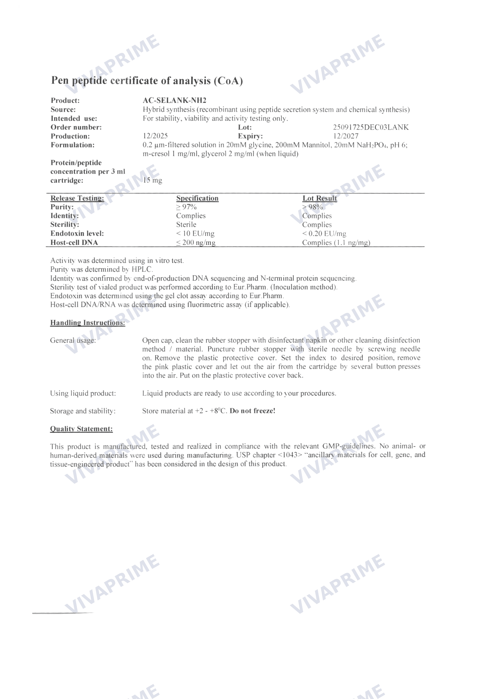 AC-Selank NH2 Certificate of Analysis — batch 25091725DEC03LANK, 98.0% purity (HPLC)