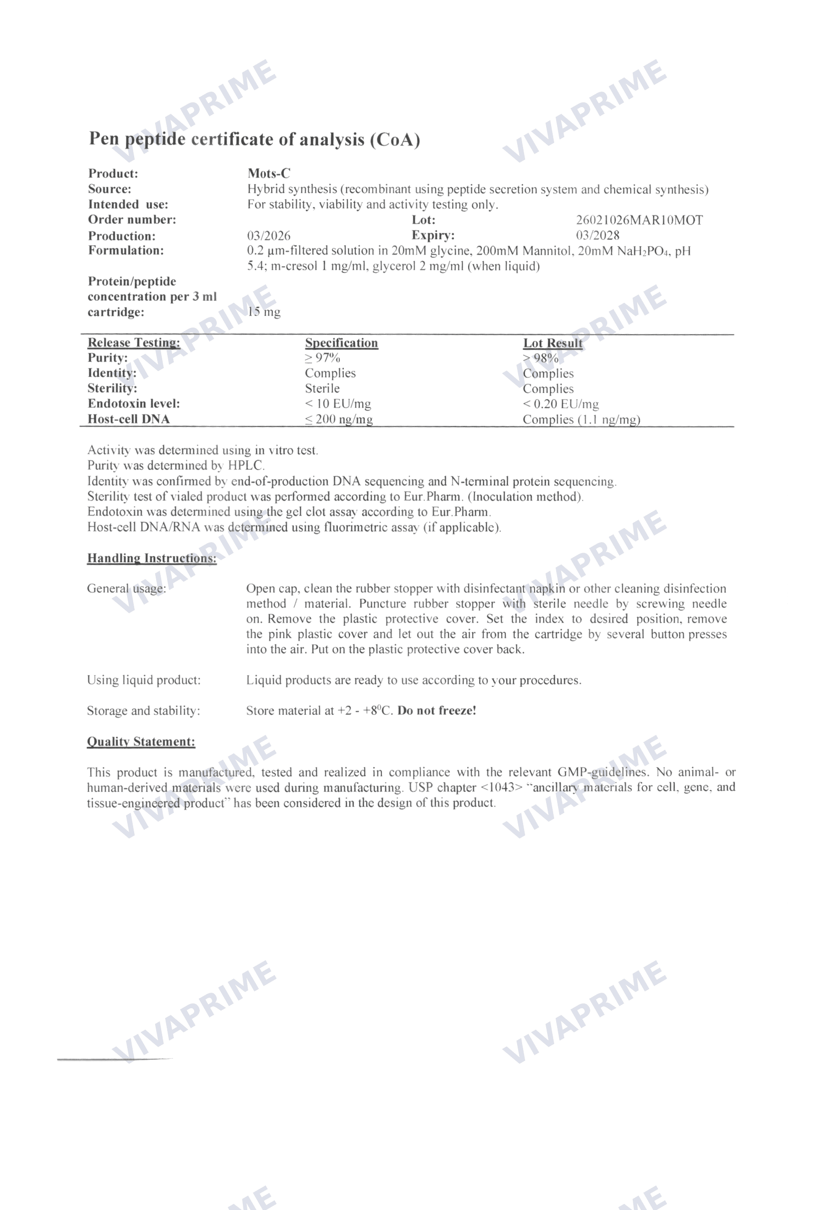 MOTS-c Certificate of Analysis — batch 26021026MAR10MOT, 98.0% purity (HPLC)