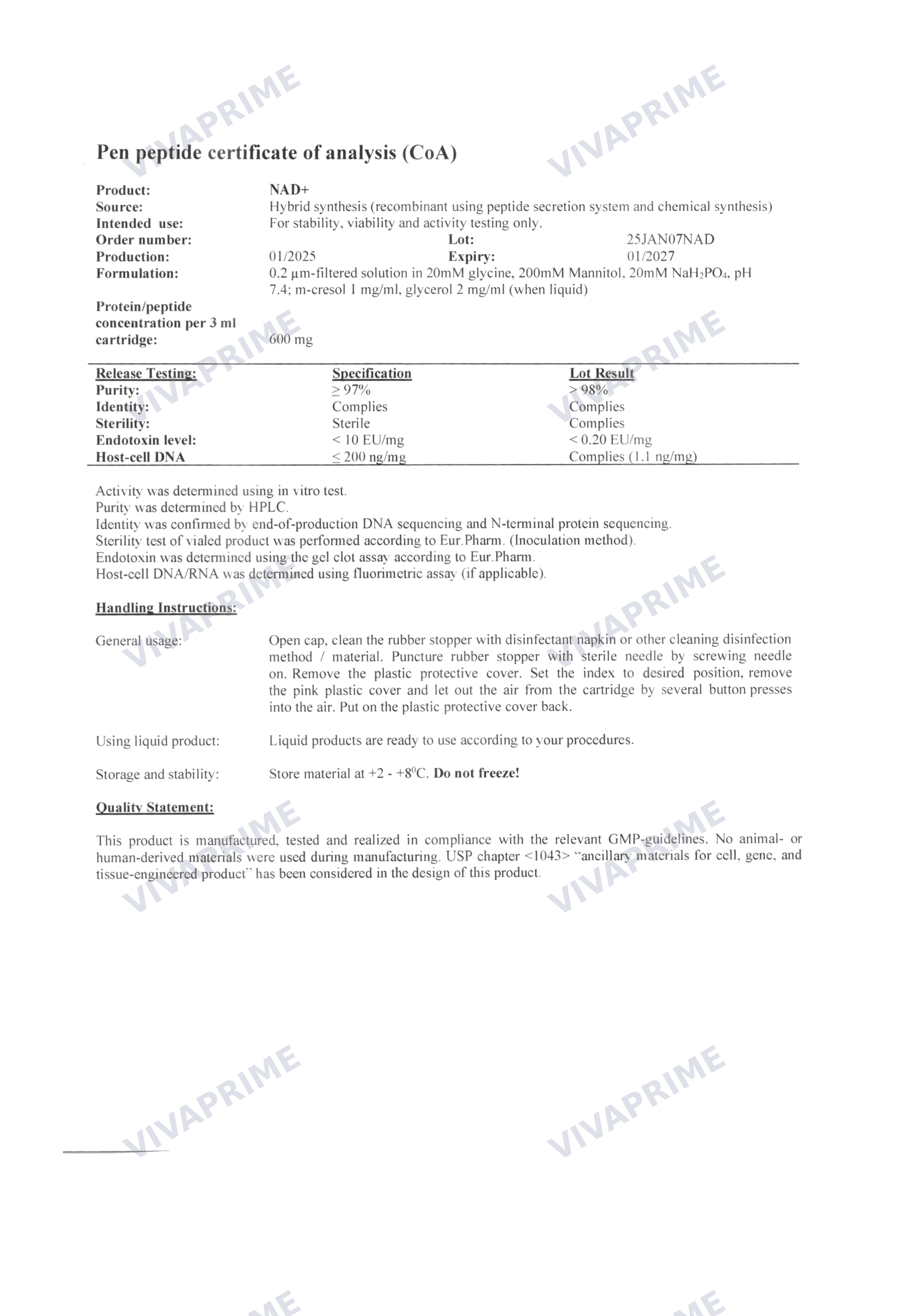NAD+ 200 Certificate of Analysis — batch 25JAN07NAD, 98.0% purity (HPLC)