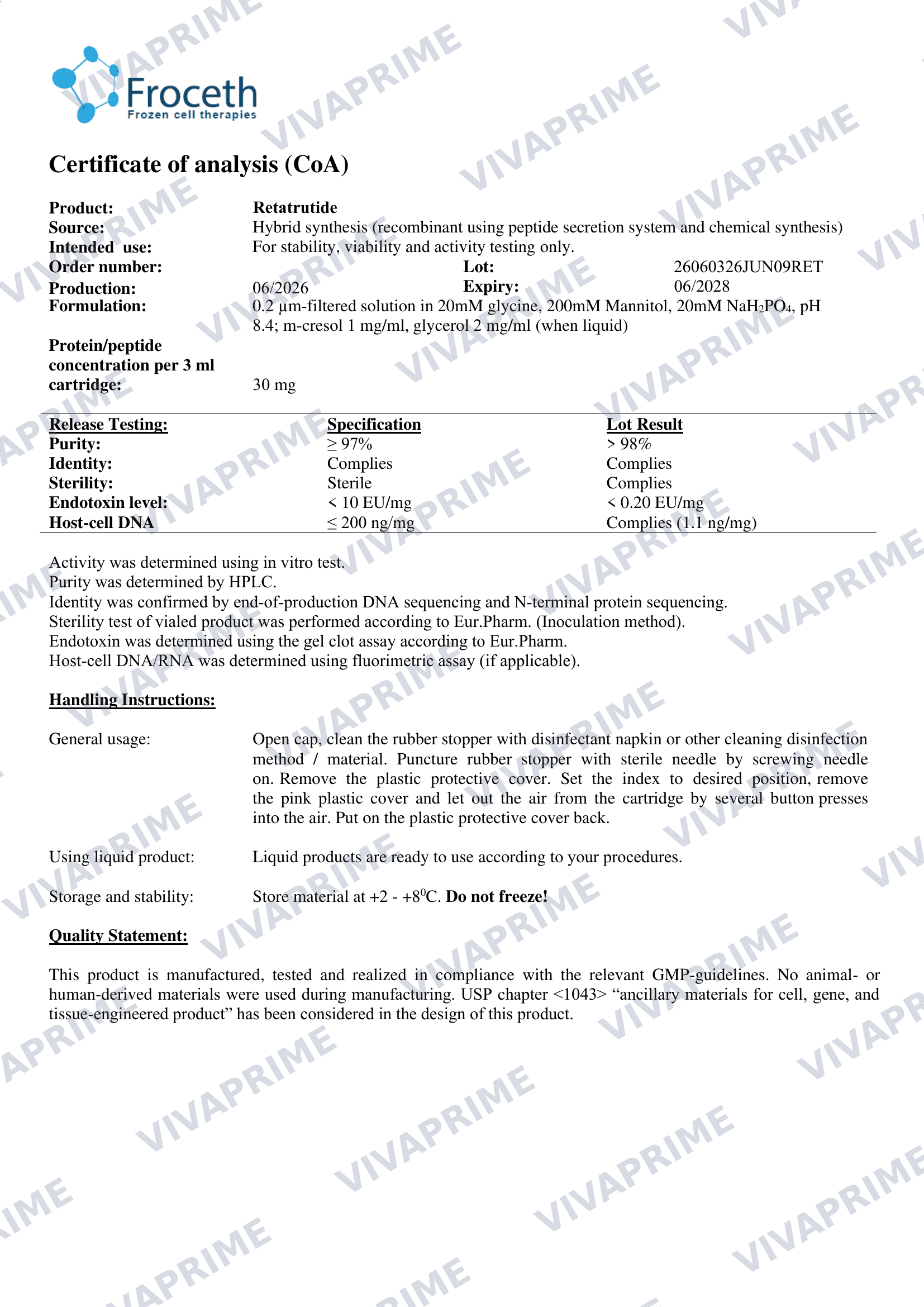 Retatrutide Certificate of Analysis — batch 26060326JUN09RET, 98.0% purity (HPLC)